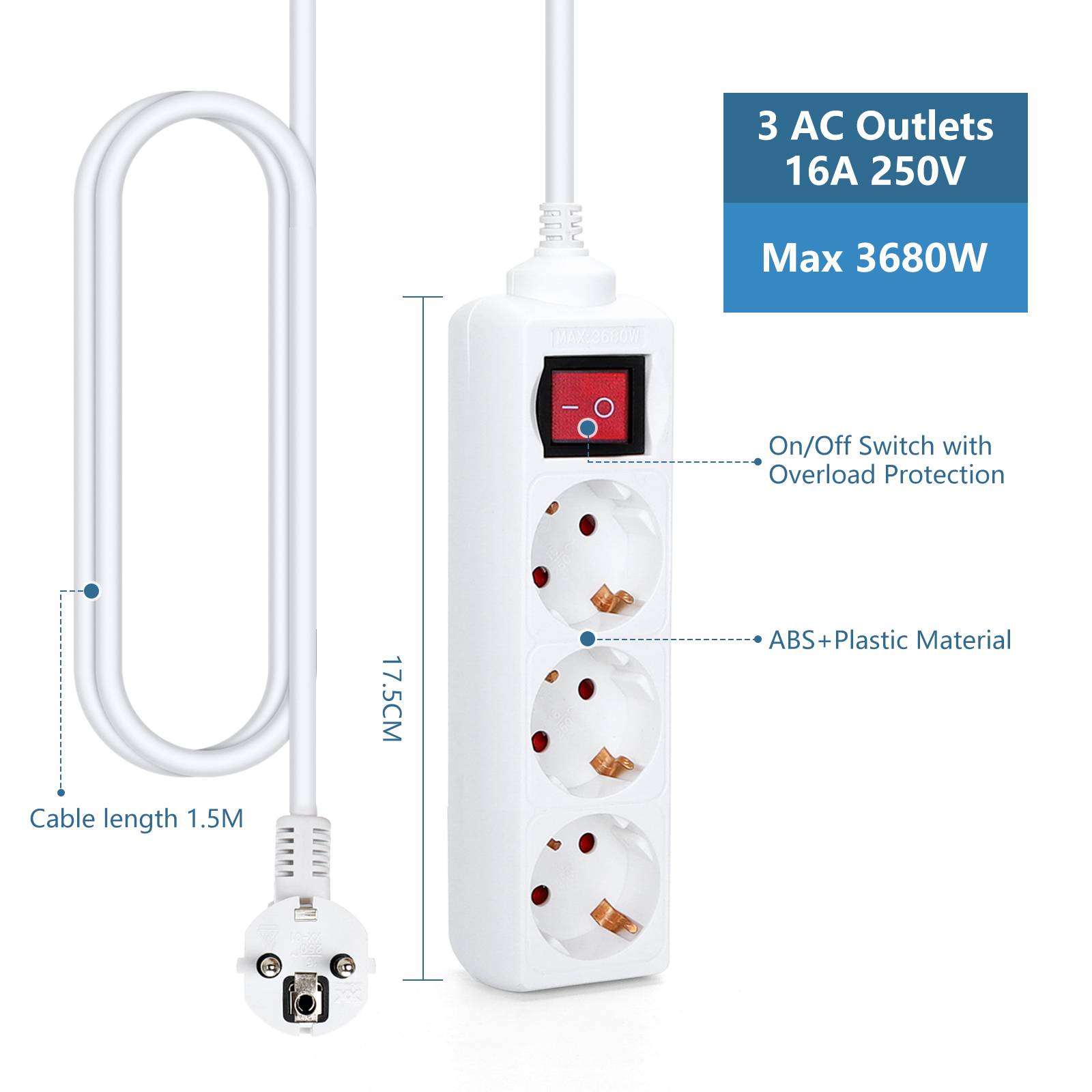 Weiße Steckdosenleiste mit 3 AC-Steckdosen, rotem Ein/Aus-Schalter und Maßen.