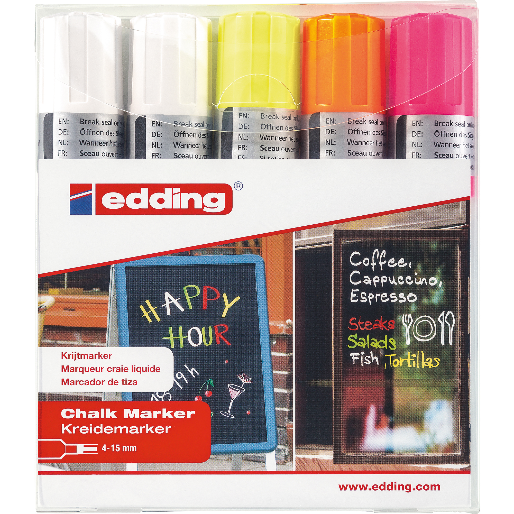 EDDING Kreidemarker 4090 4-15mm 5St./Pack weiß, x neonorange, 2 1 neonpink je x neongelb, Kreidemarker