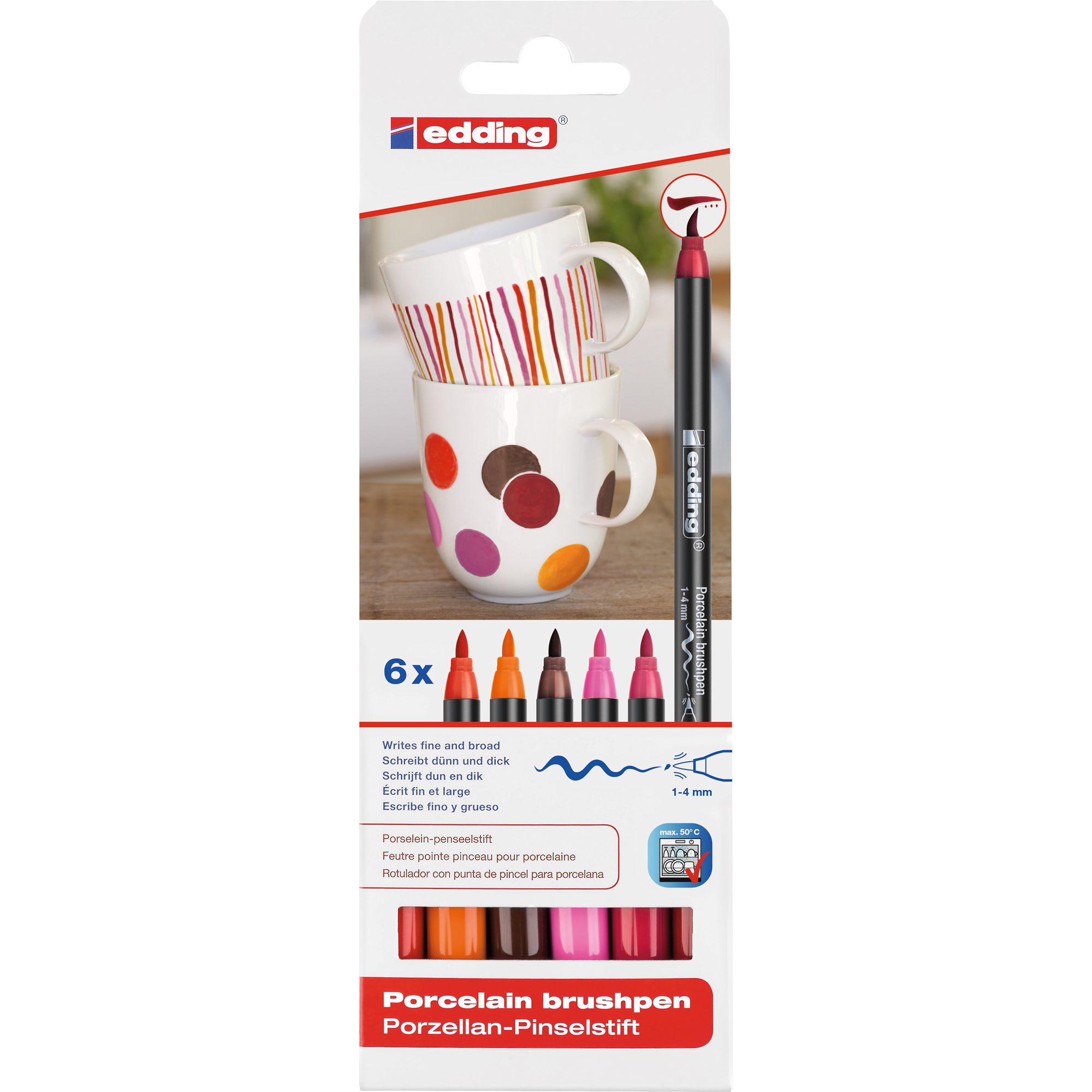 6 Porzellan braun, Pinselstift 4200 EDDING Porzellanstift, warm karminrot, St./Pack karmesin colours rosa, rot, orange,