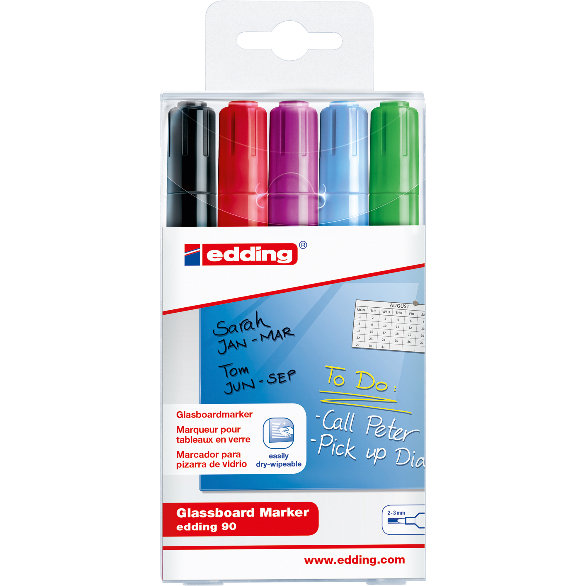 EDDING Glasboardmarker 2-3mm Rundspitze hellblau, Glasboardmarker, sort. St./Pack. rot, schwarz, hellgrün 5 violett