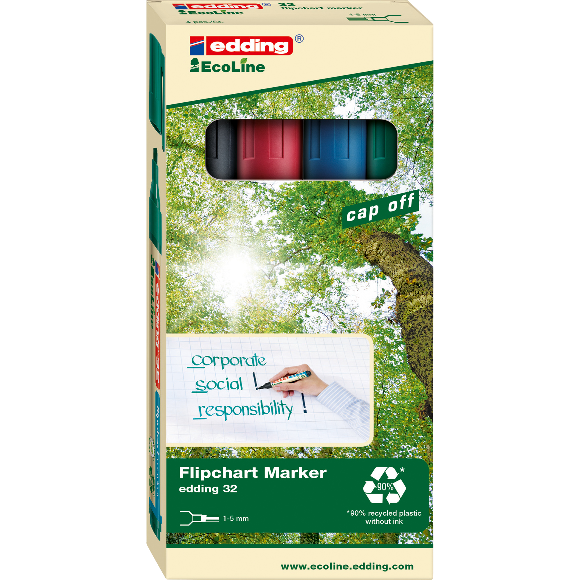 sortiert EDDING grün, 4 Flipchartmarker, 1,5-3mm blau, rot, 32 St./Pack. EcoLine Flipchartmarker schwarz