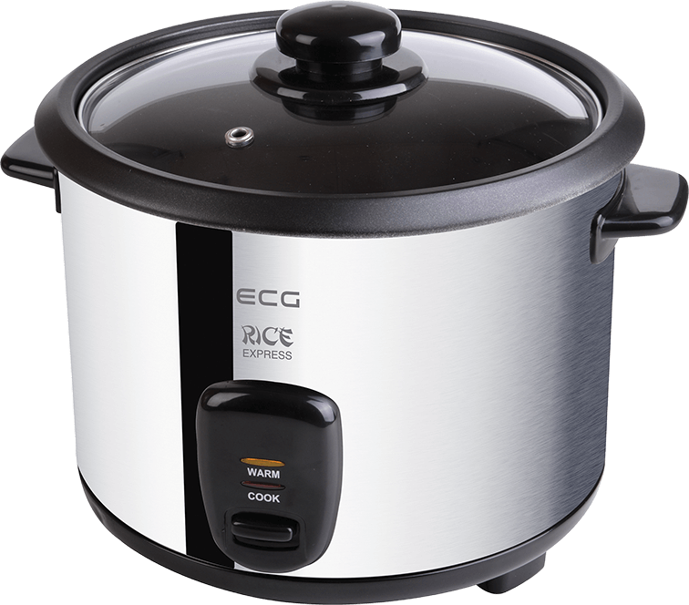Urządzenie do gotowania ryżu ze szklaną pokrywką. Ma czarną podstawę i srebrny korpus z napisem 'ECG RICE EXPRESS'.