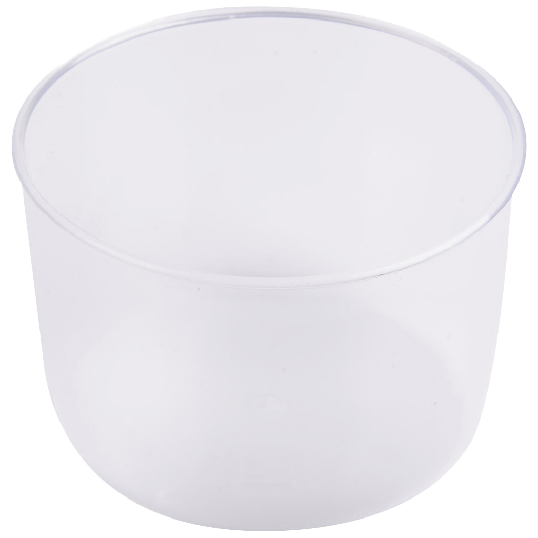 Przezroczysty, cylindryczny pojemnik. Pojemnik jest pusty. Czarne tło.