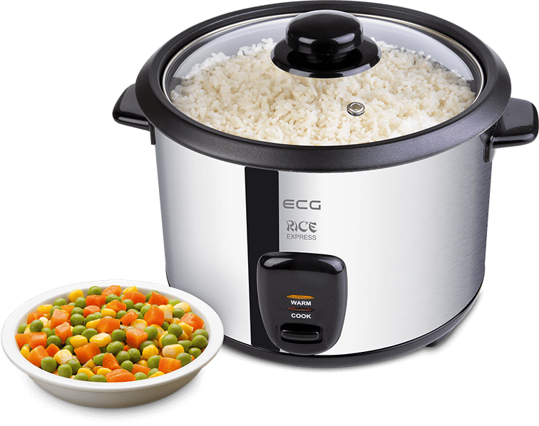 Urządzenie do gotowania ryżu z ryżem w środku i miską mieszanych warzyw obok.
