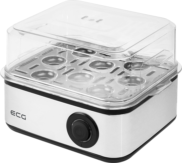 Urządzenie do gotowania jajek z przezroczystą pokrywą i srebrno-czarną podstawą. Ma pokrętło sterowania.