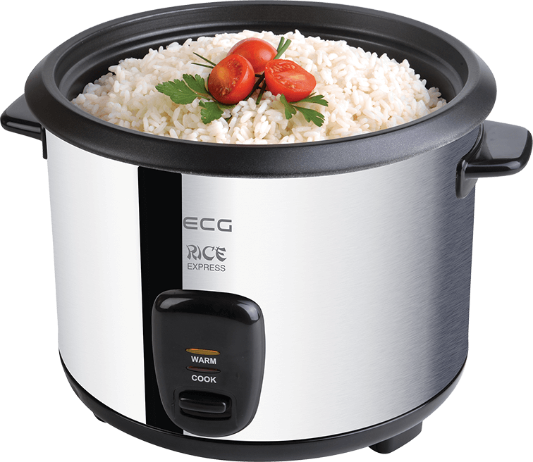 Srebrny garnek do ryżu z ugotowanym ryżem, pomidorami i pietruszką na wierzchu.