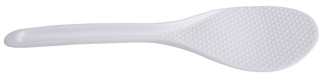 Biała łopatka do ryżu z nakrapianą powierzchnią, ustawiona od lewej do prawej na czarnym tle.