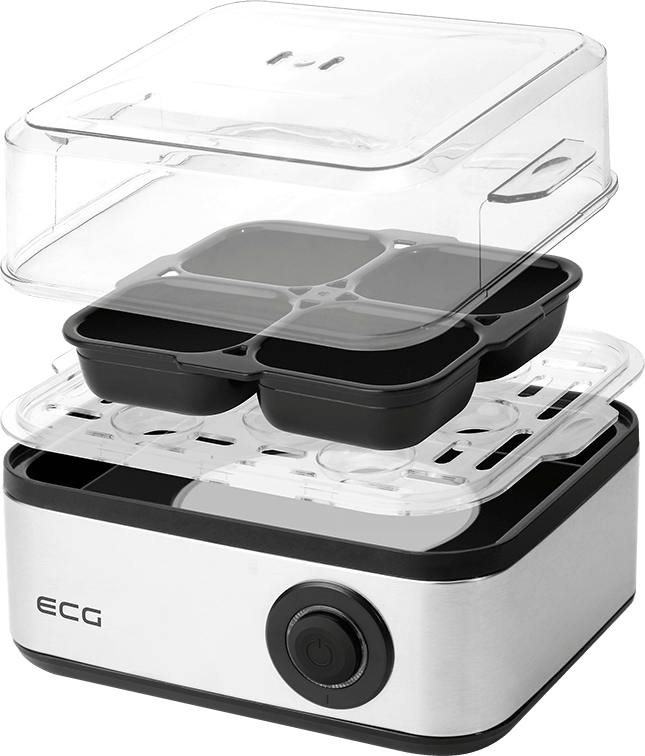 Elektryczny parowar z przezroczystymi pokrywami i czarnymi pojemnikami. Podstawa srebrna.