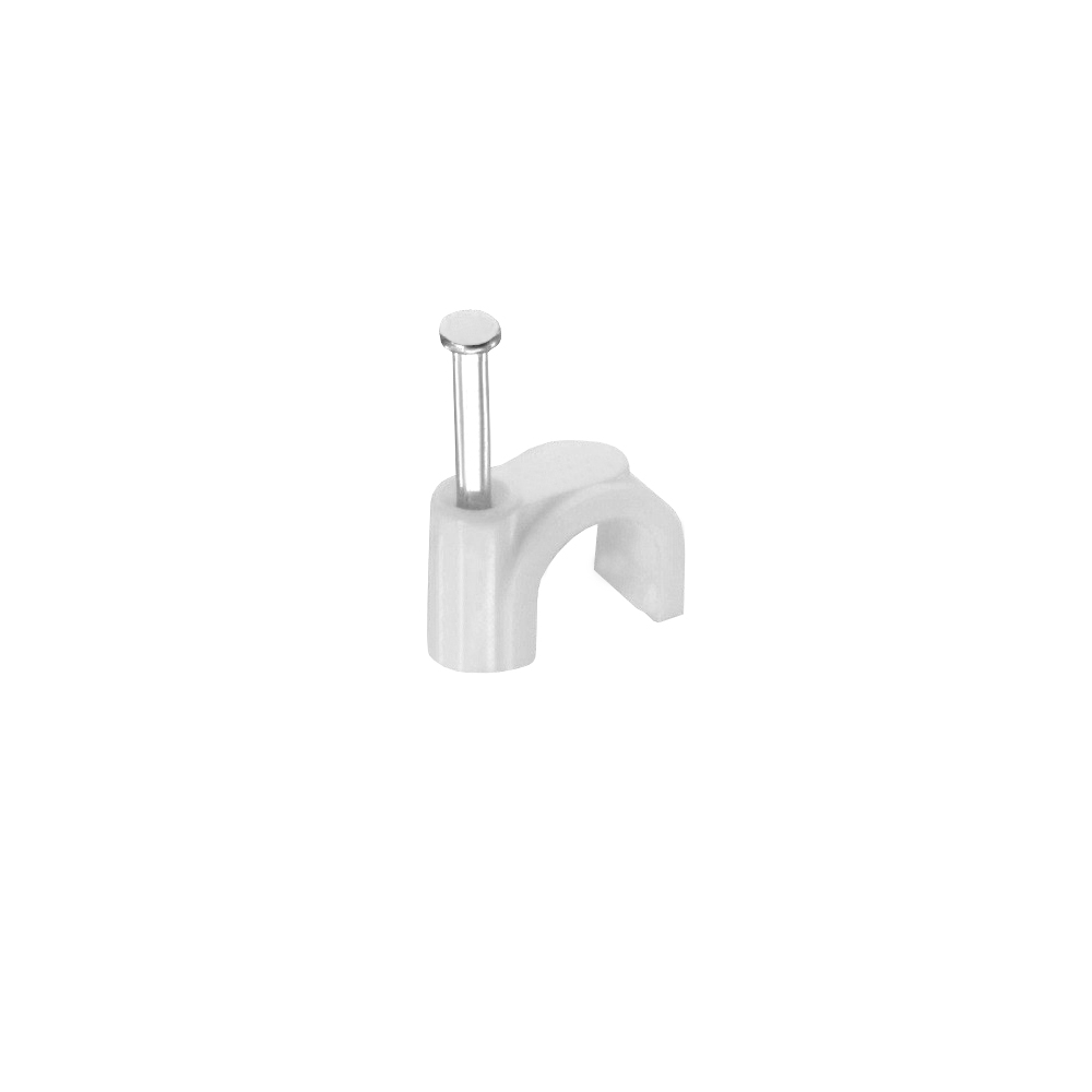 Weiße Kabelclips mit Nagel. Einfaches Design und weißer Hintergrund.