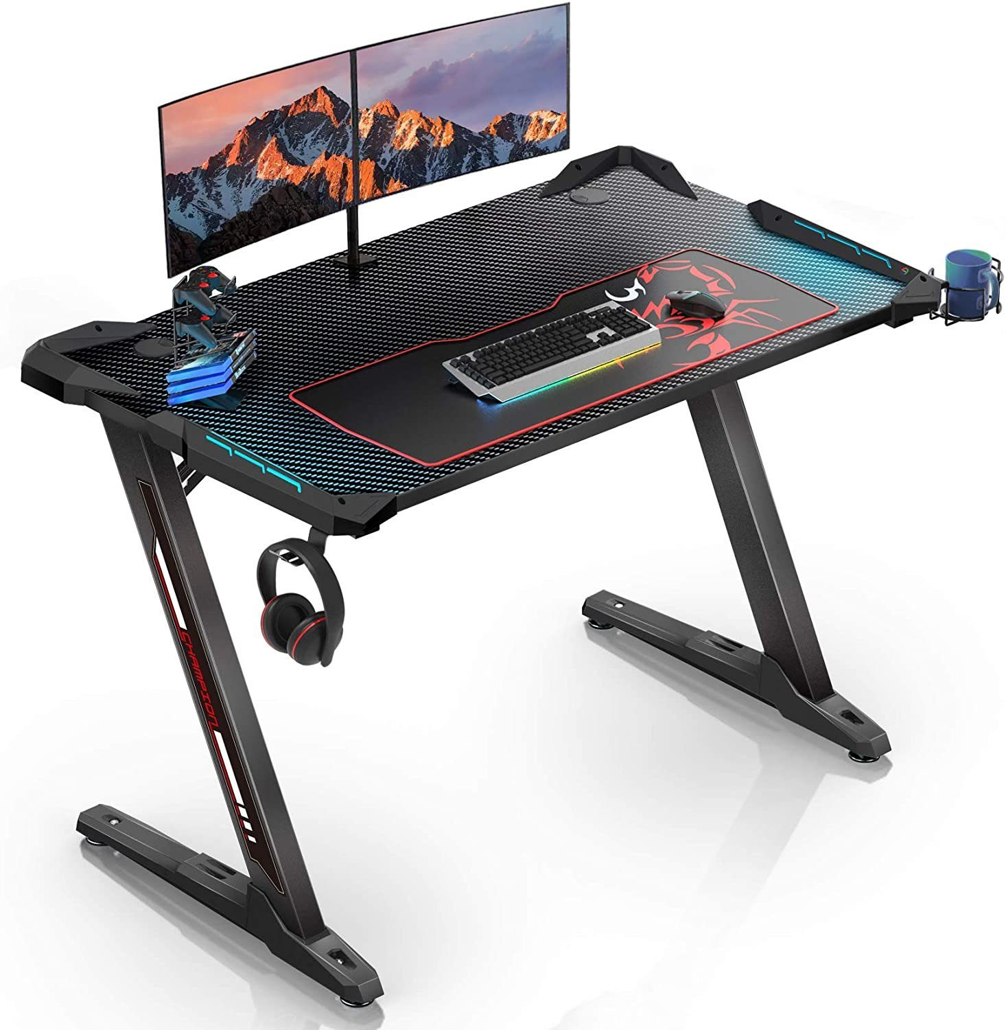 EE EUREKA ERGONOMIC Gaming Schreibtisch mit Gaming 100039 RGB-LED Schreibtisch