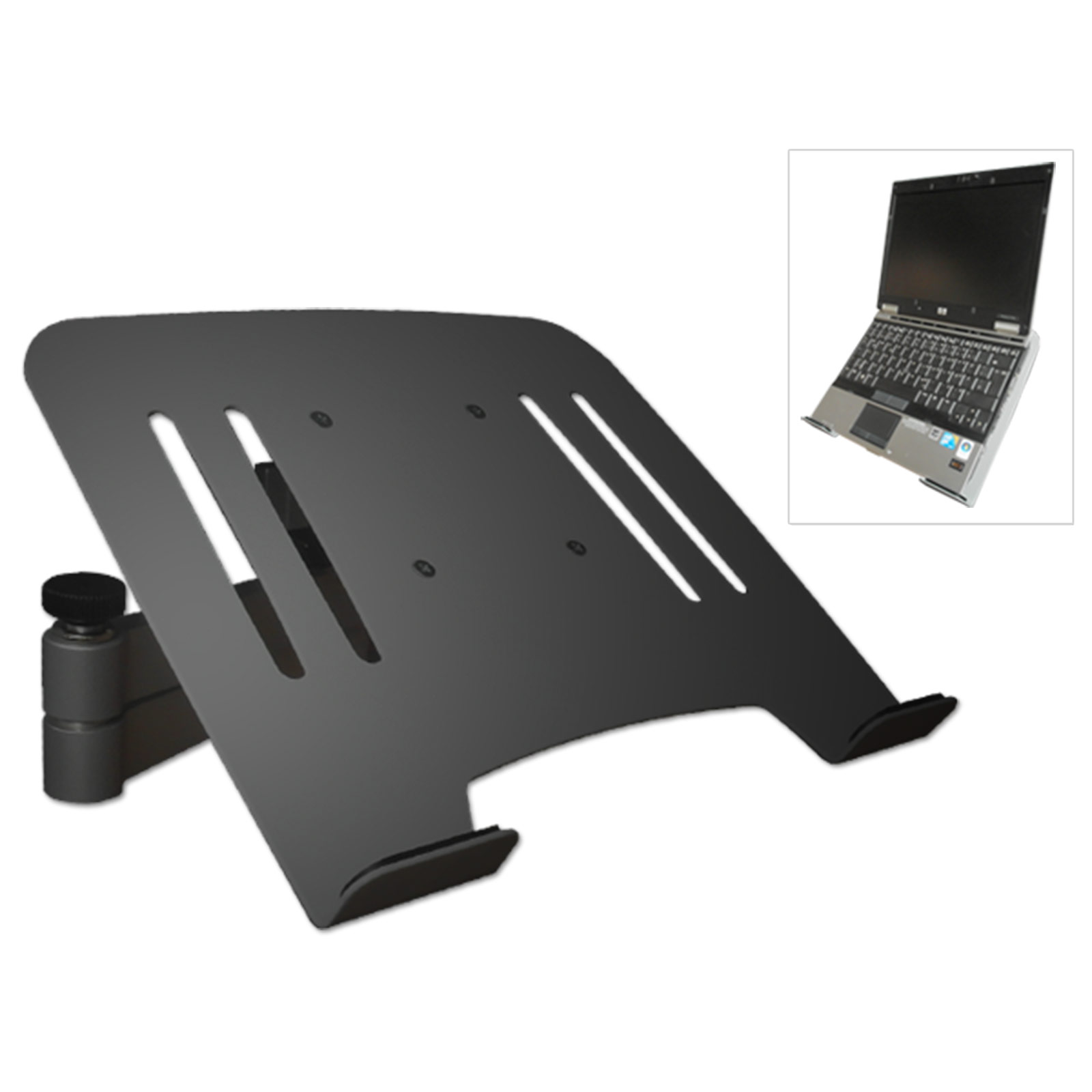 Ein schwarzer Laptopständer mit einem Laptop.