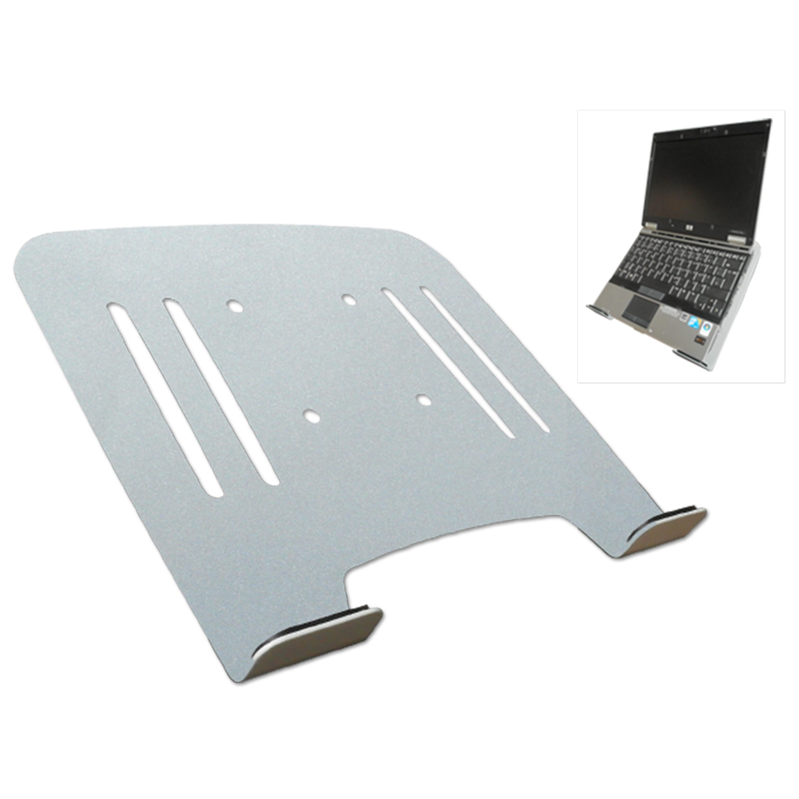 Laptopständer mit Laptop. Der Ständer ist silber und angewinkelt. Laptop in der Ecke sichtbar.