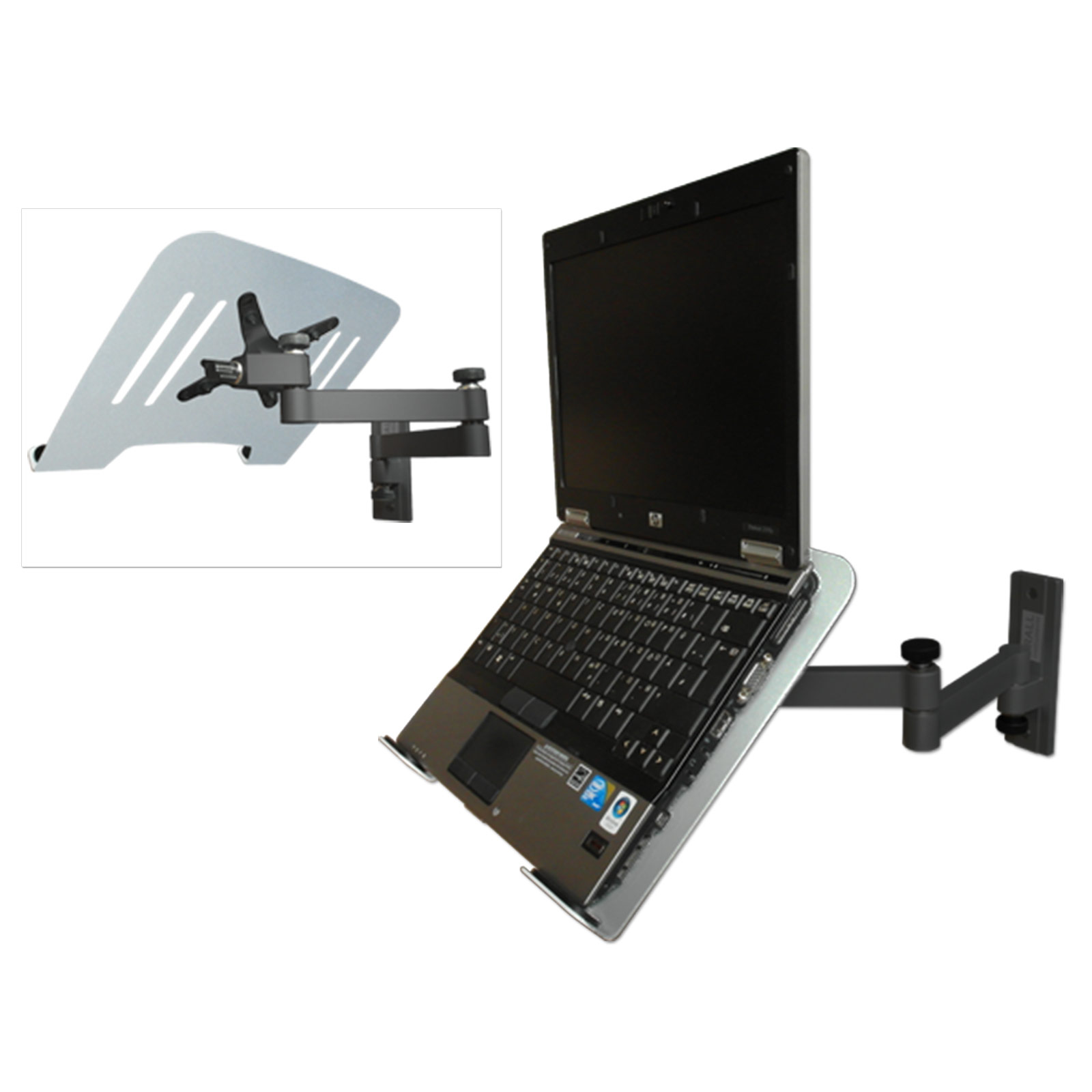 Laptop an einer Wandhalterung montiert. Ein separates Diagramm der Halterung wird gezeigt.