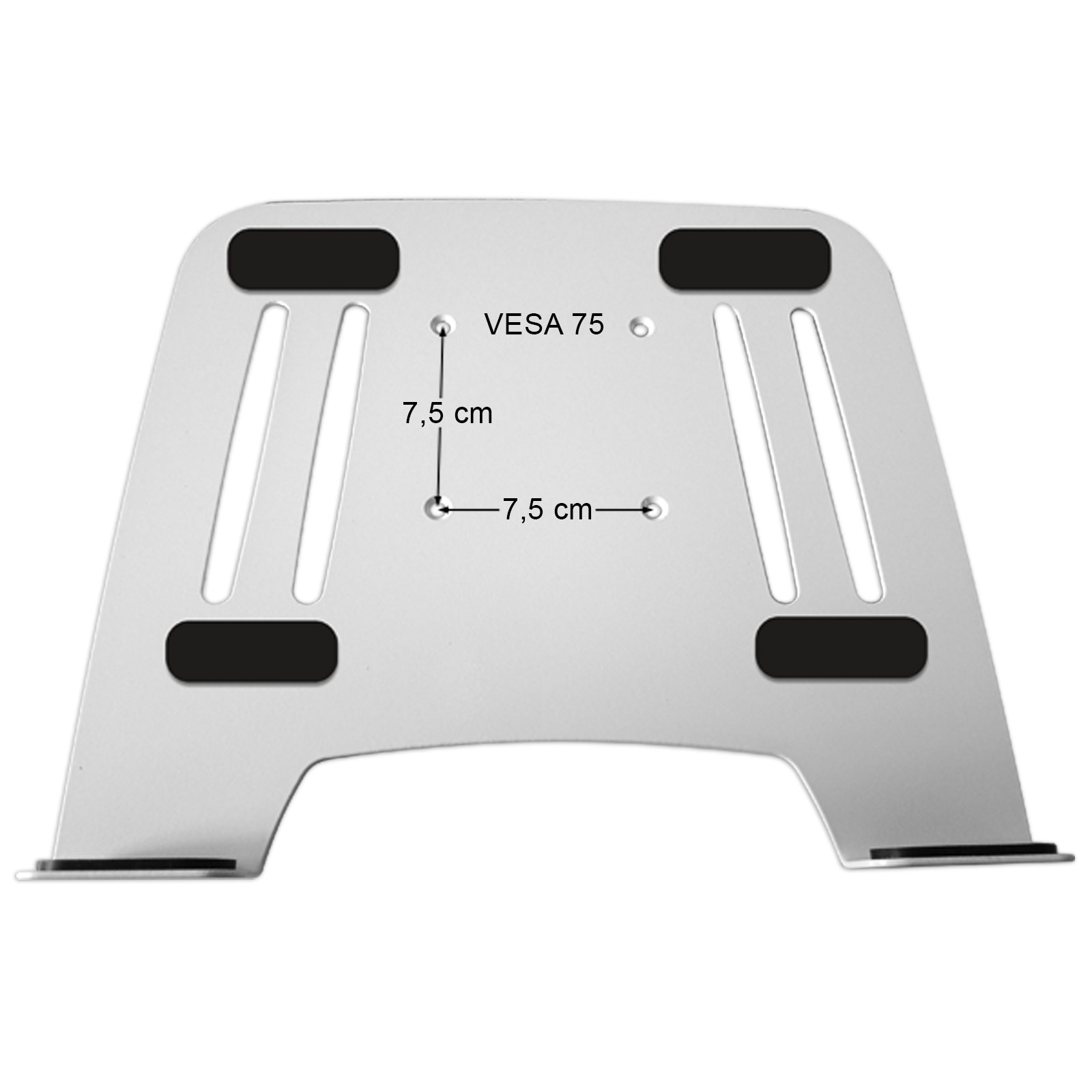 Silberner Laptop-Ständer mit schwarzen Pads und VESA 75 Markierungen. Zeigt Maße von 7,5 cm.