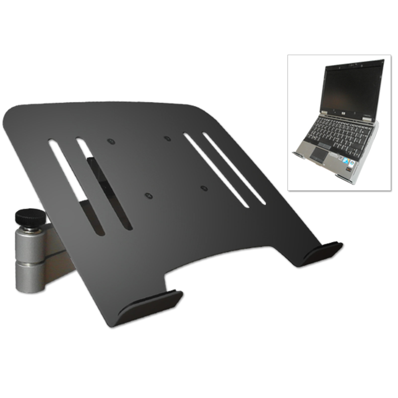 Ein schwarzer Laptopständer mit einem Laptop darauf. Der Ständer ist abgewinkelt und verstellbar.