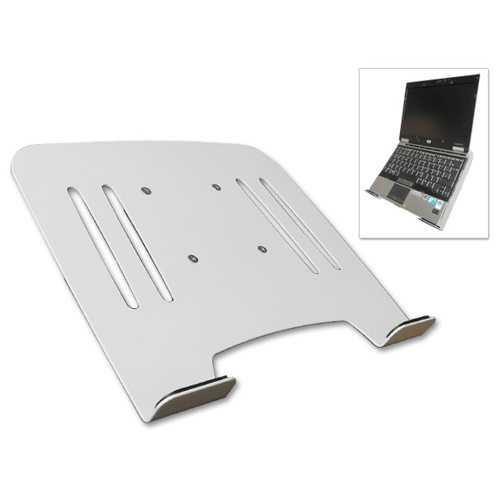 Weißer Laptop-Ständer mit Laptop-Einsatz. Der Ständer hat ein schräges Design.