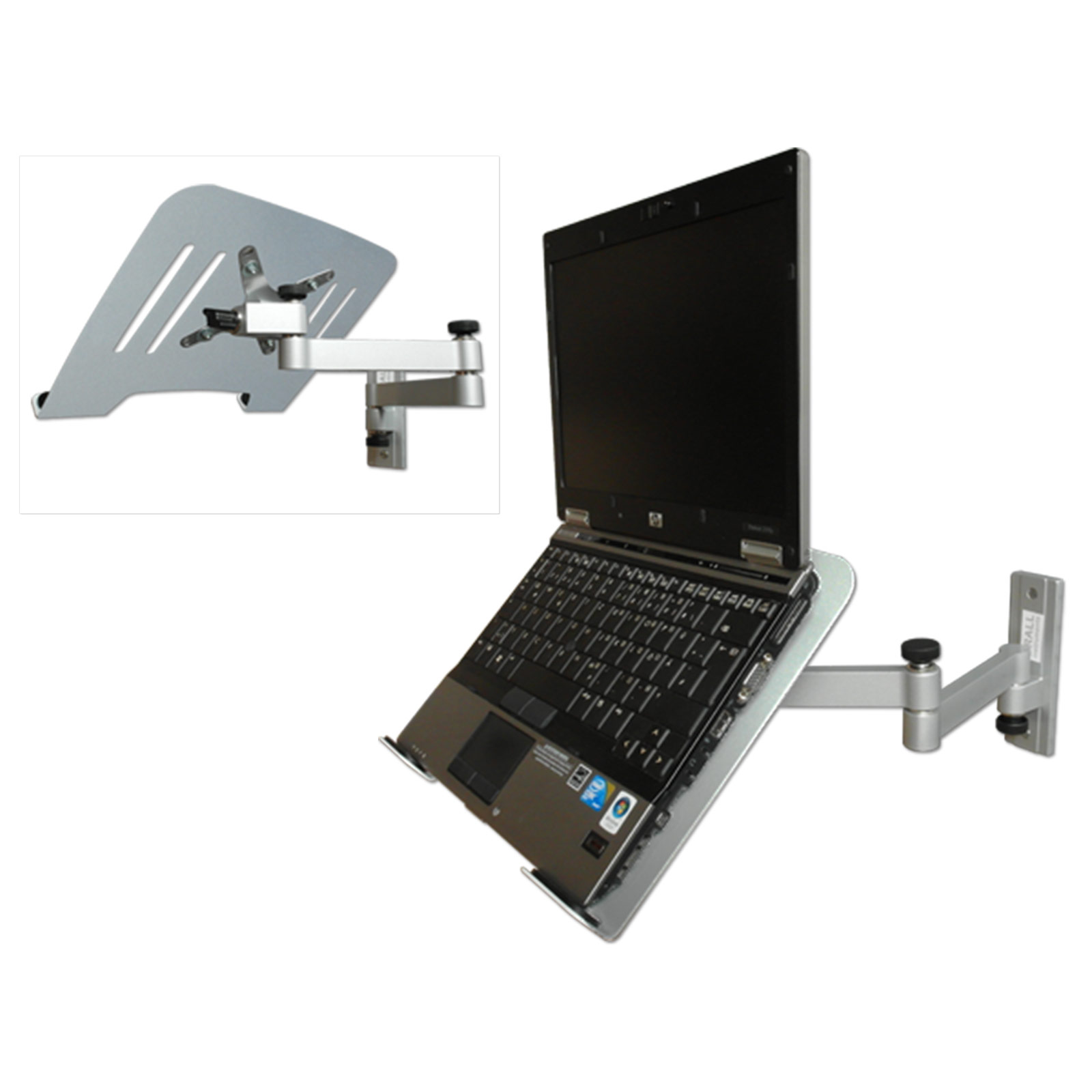Ein Laptop auf einem silbernen Ständer, an einer Wand befestigt. Der Ständer ist verstellbar.