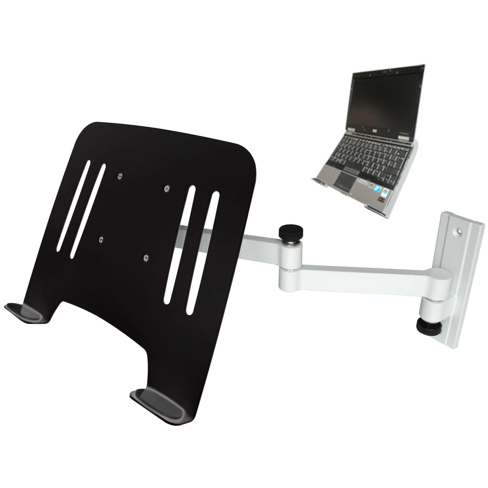 Wandmontierter Laptopständer, schwarzes Tablett, weißer Arm. Laptop oben rechts.