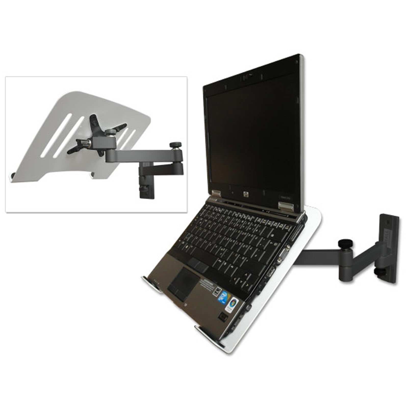Laptop an einer Wandhalterung, mit separater Ansicht der Wandhalterung. Weißer Hintergrund.