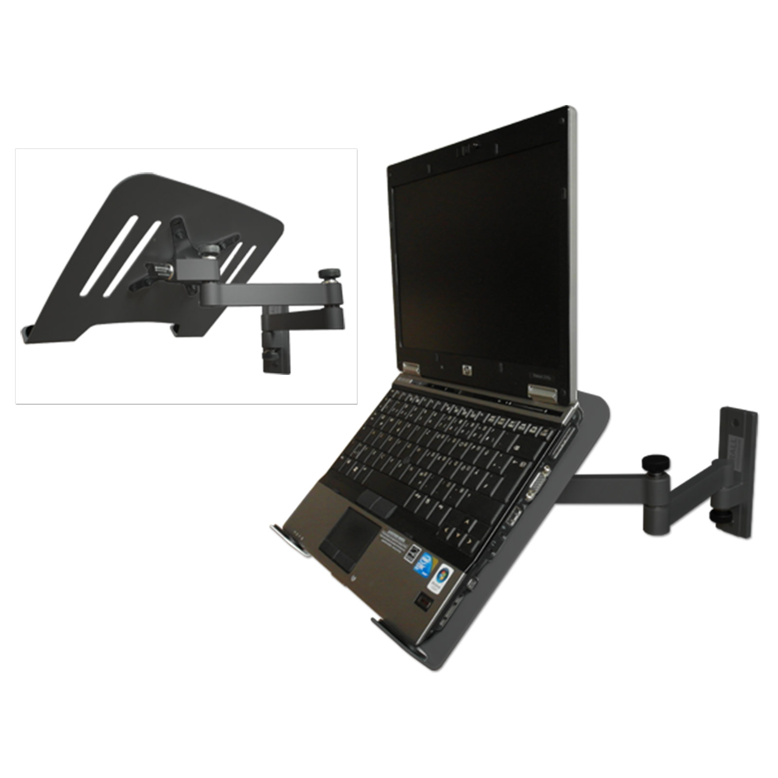 Laptop auf einer Wandhalterung, mit einer weiteren Halterung in der oberen linken Ecke.