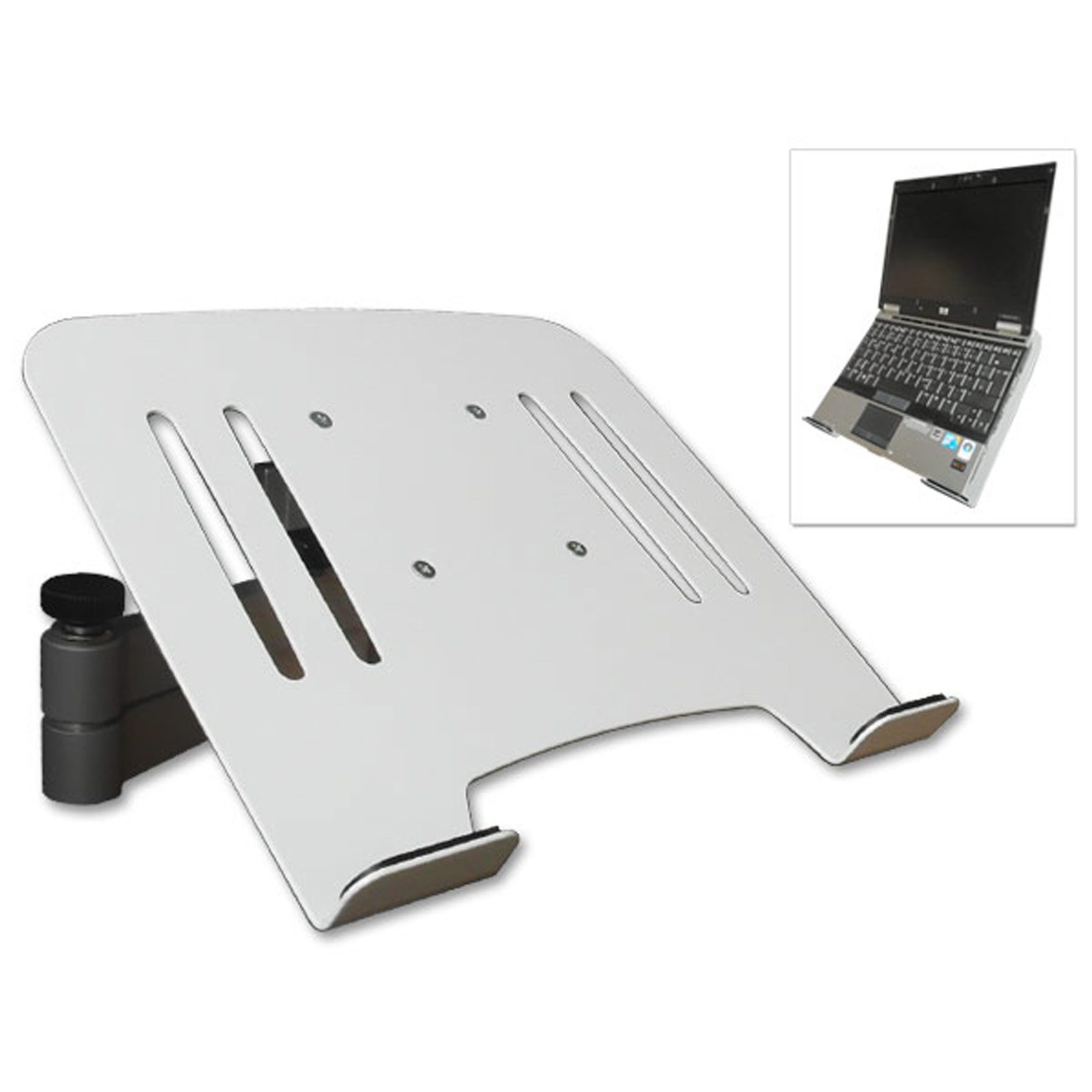 Ein Laptopständer mit einem Laptop in der Ecke.
