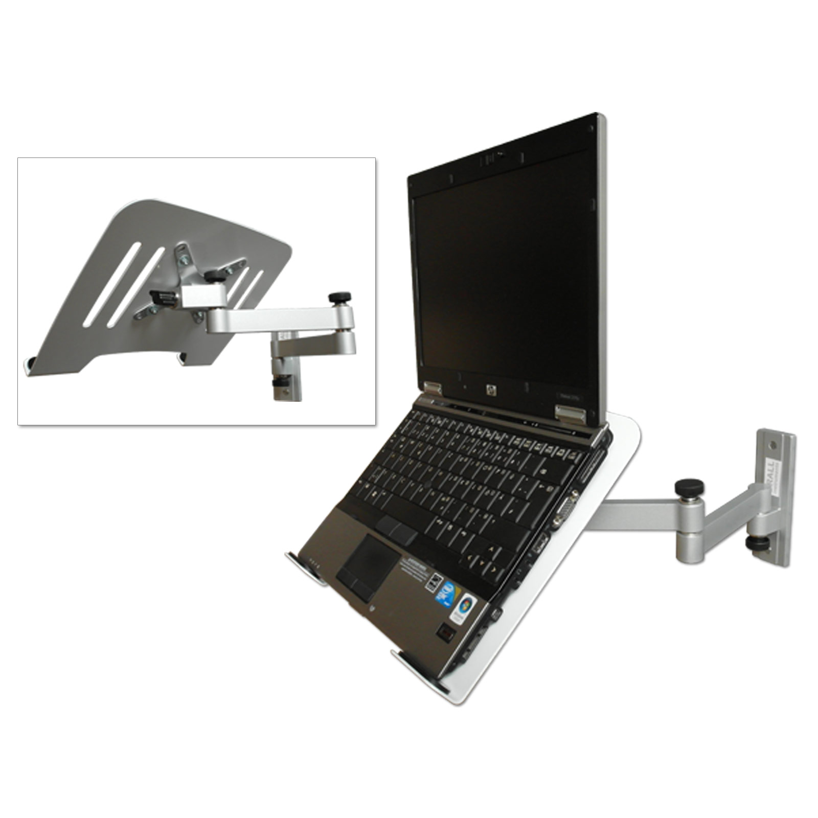 Ein Laptop auf einer Wandhalterung aus Aluminium. Es gibt eine Nahaufnahme der Halterung.