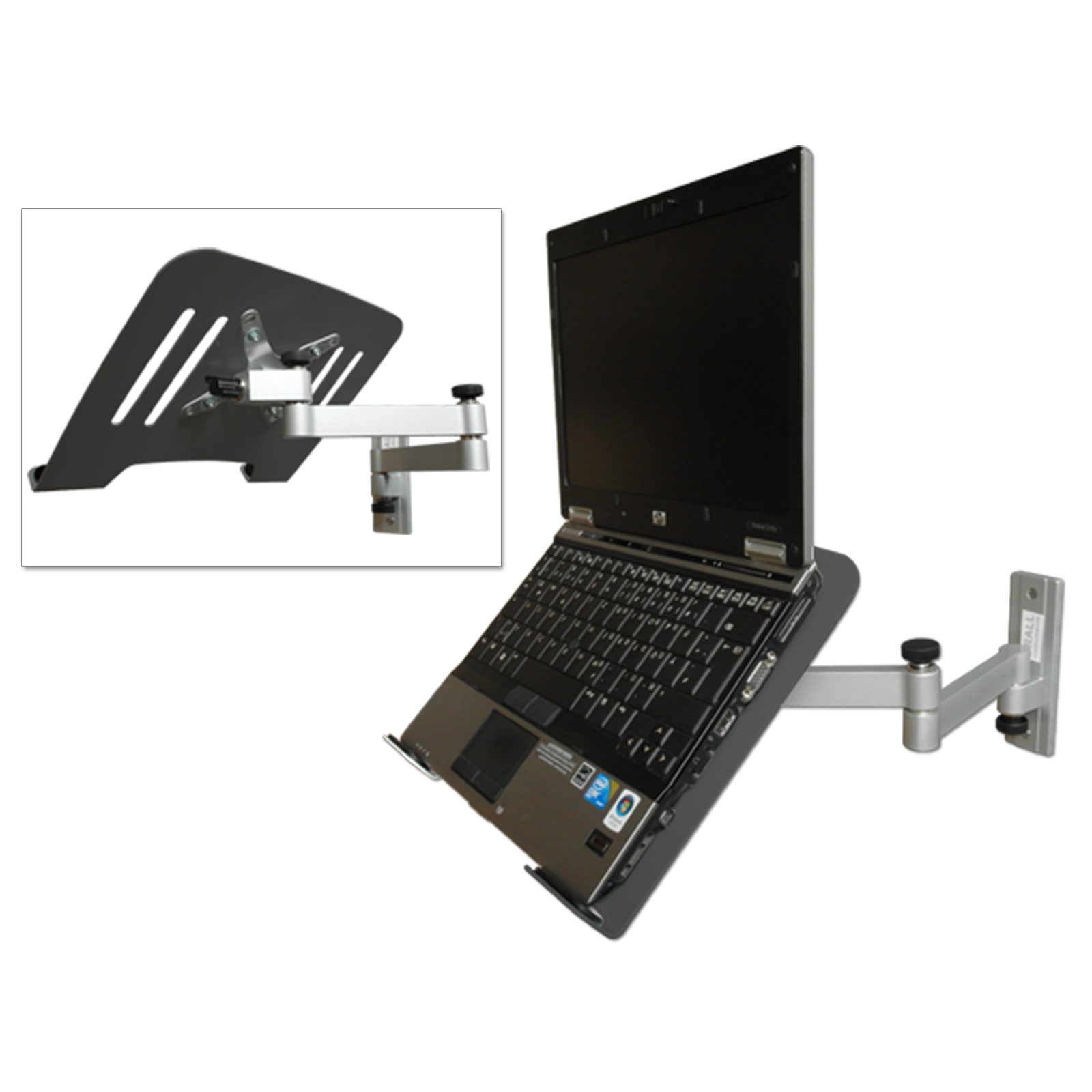 Ein Laptop an einer Wandhalterung. Separate Ansicht der Halterung. Weißer Hintergrund.