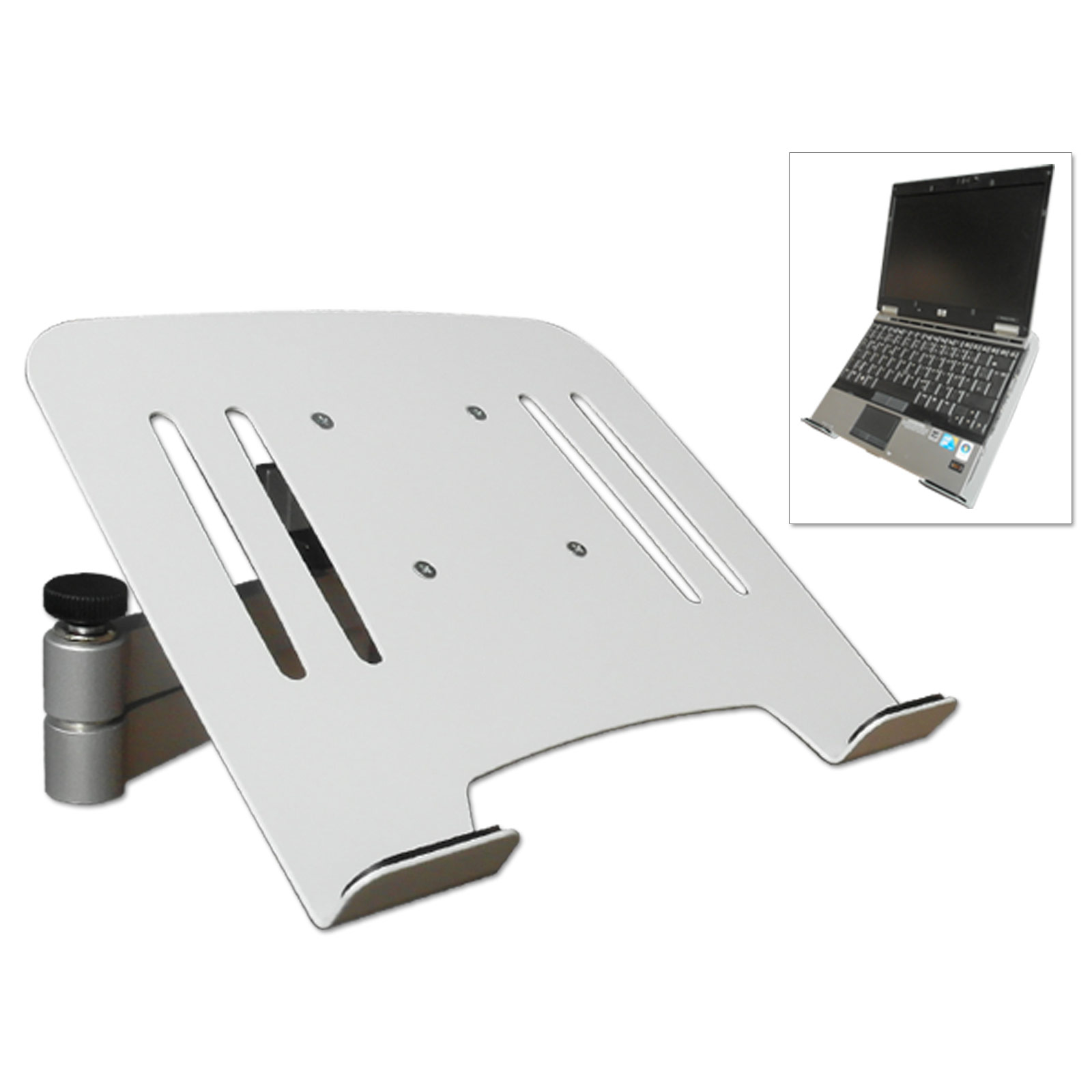 Laptopständer mit Laptop darauf. Weißer Ständer, weißer Hintergrund.