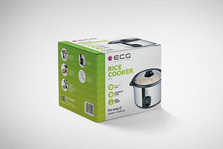 Biało-zielone pudełko ryżowaru ECG, ze zdjęciem urządzenia i tekstem o produkcie.