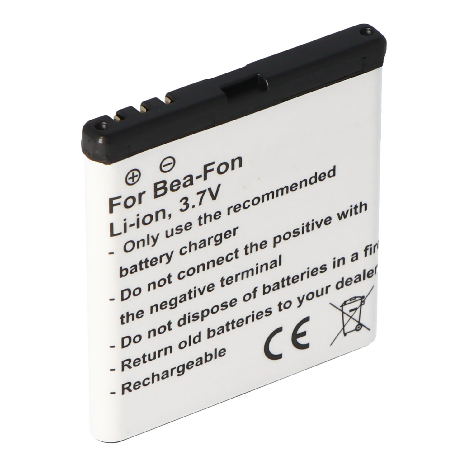 Weiße Batterie mit Text: Für Bea-Fon, Li-Ion, 3,7V, mit Warnhinweisen.