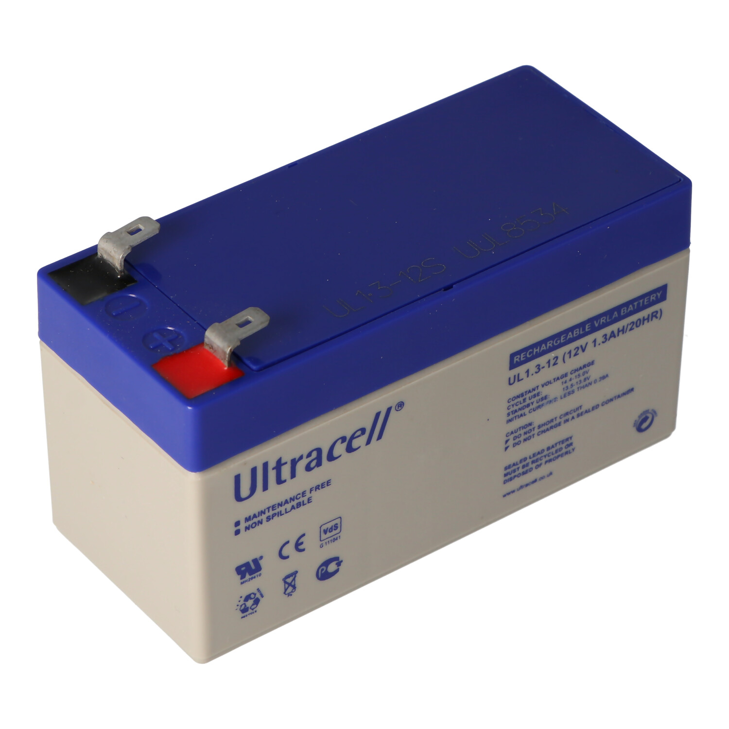 Blaue rechteckige Batterie mit schwarzen Anschlüssen. Text: Wiederaufladbare VRLA-Batterie.