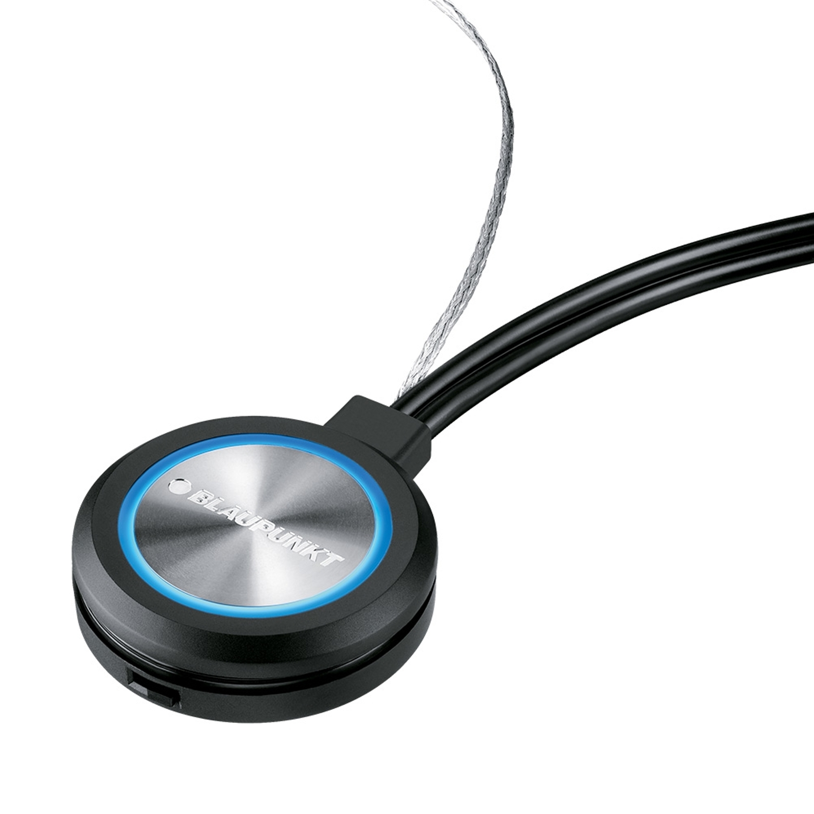 Schwarzes und silbernes rundes Gerät, möglicherweise ein Bluetooth-Lautsprecher, mit blauem Licht.