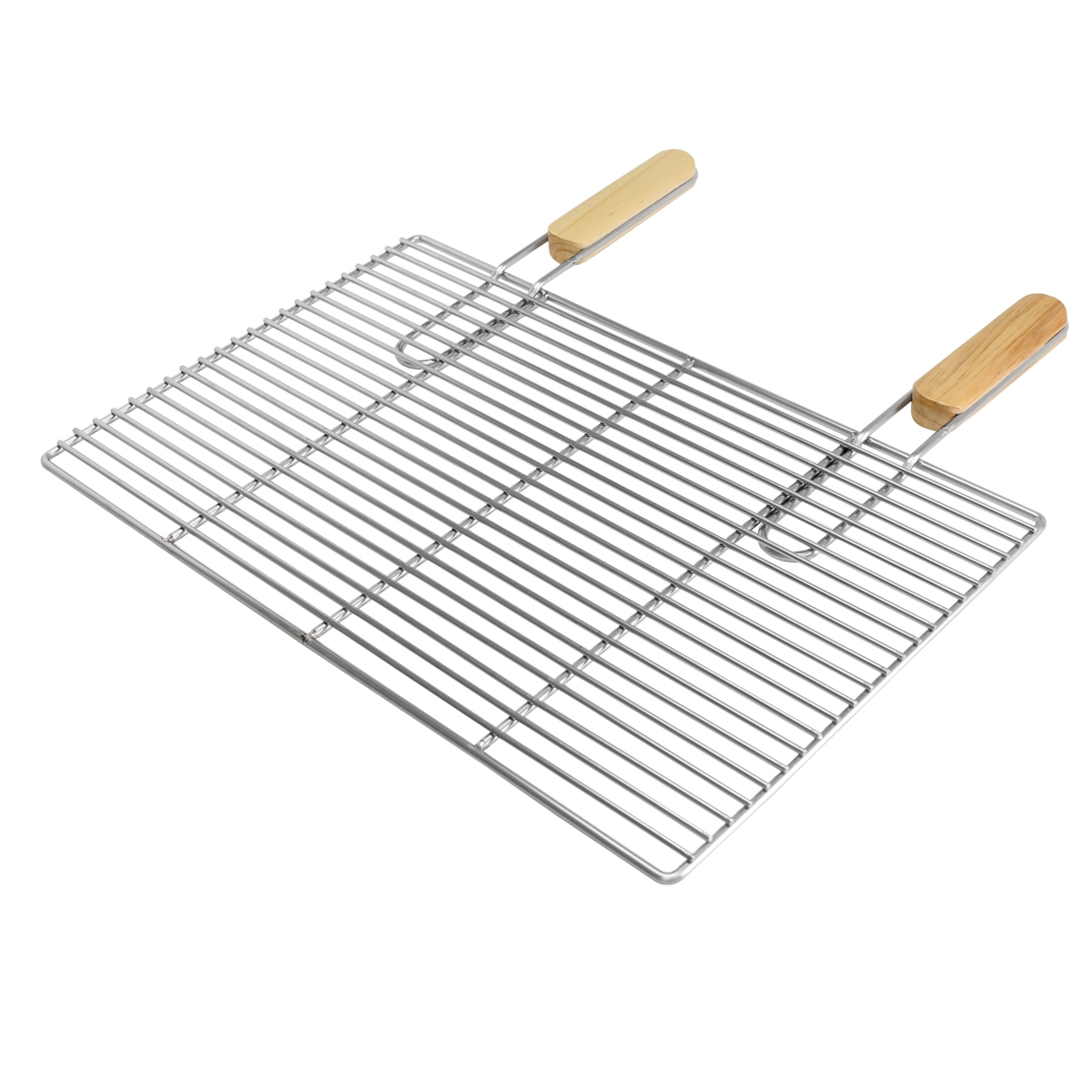 Ein Metallgrill mit Holzgriffen, auf weißem Hintergrund, geeignet zum Grillen von Speisen.