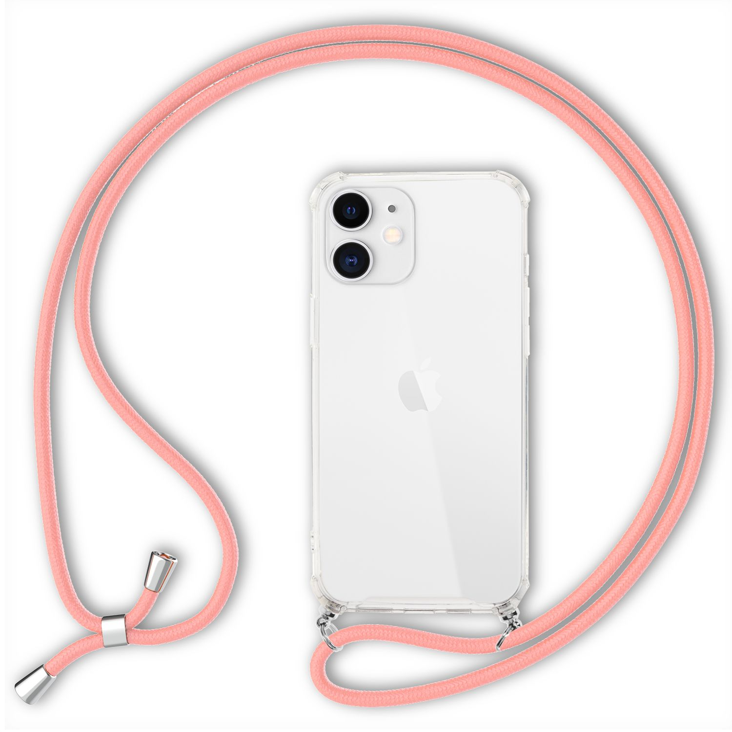 Un iPhone blanco en una funda transparente con un cordón rosa. El cordón está alrededor del teléfono.