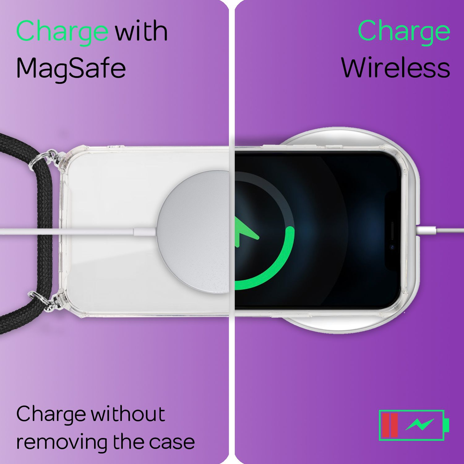 Teléfono cargando mediante MagSafe e inalámbrico, con texto.