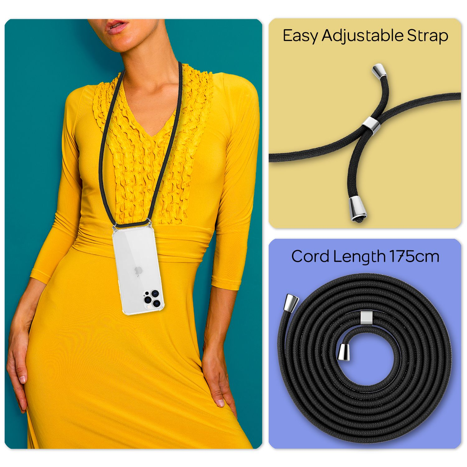 Mujer con vestido amarillo con collar de teléfono. Se muestran detalles de la correa y la longitud del cable.