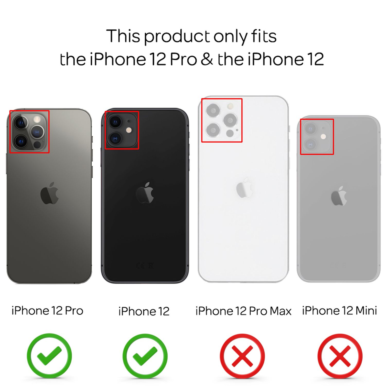 Cuatro iPhones: Pro, 12, Pro Max y Mini. Solo Pro y 12 tienen marcas de verificación, lo que indica compatibilidad.
