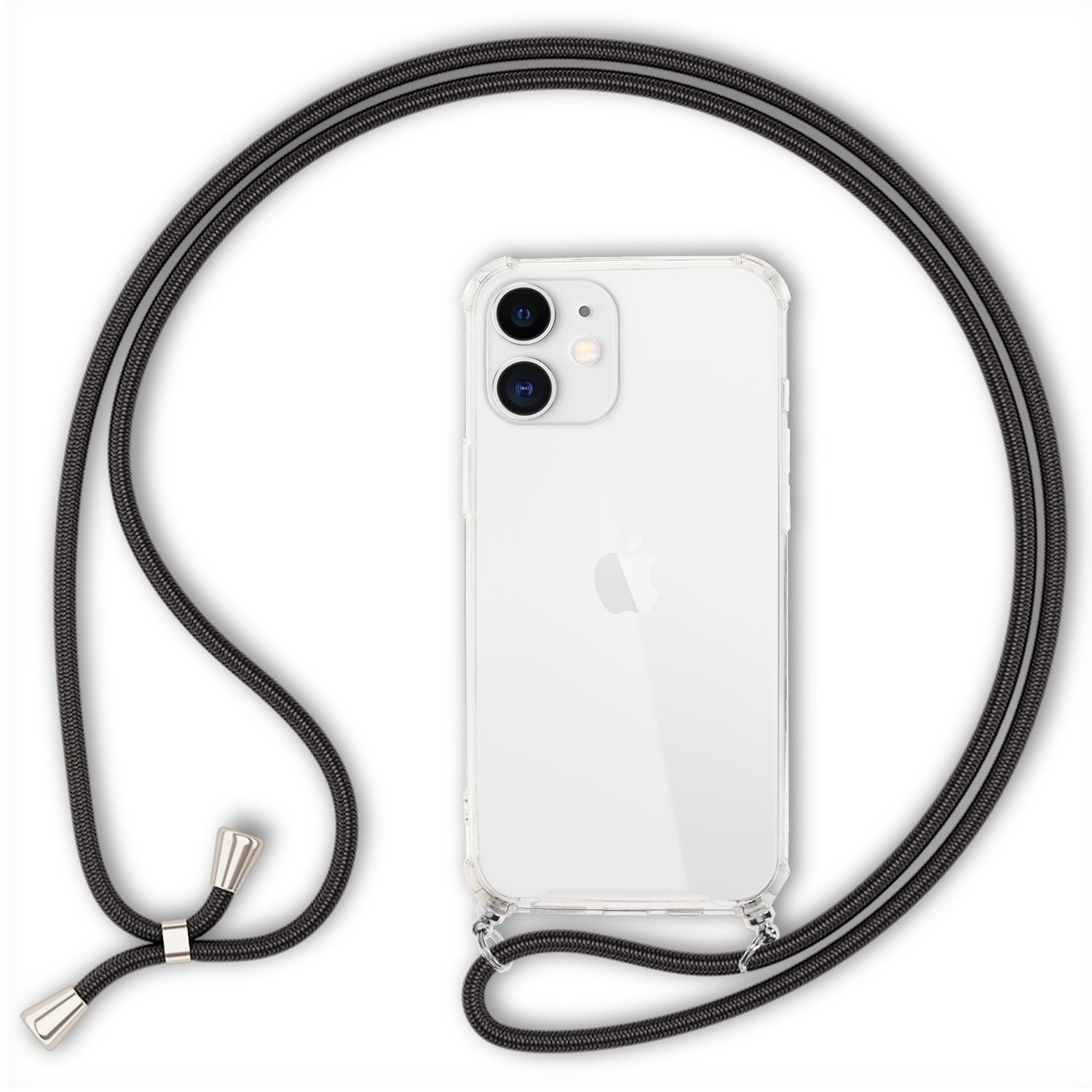 Funda transparente para teléfono con un cordón negro. Un iPhone blanco está dentro de la funda, sobre un fondo blanco.