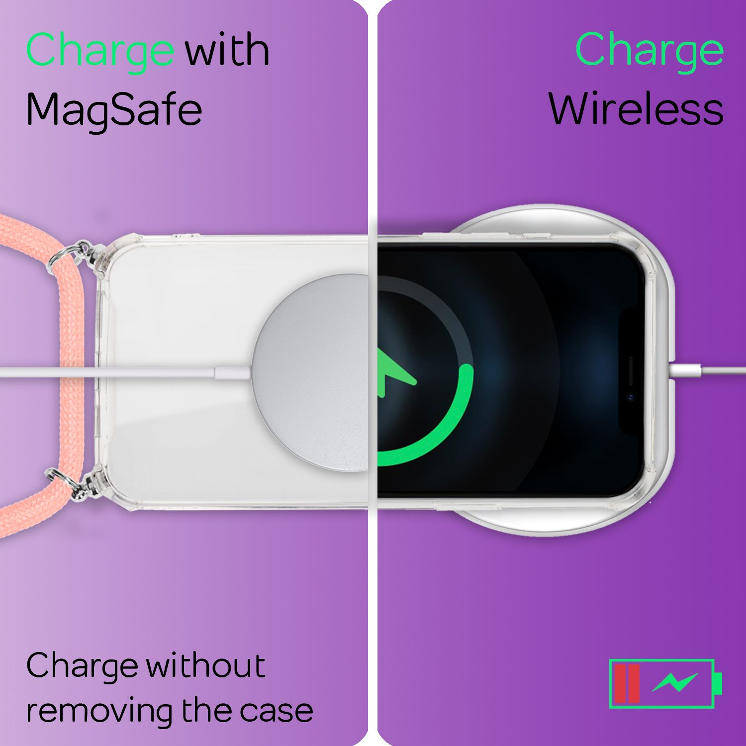 Una funda de teléfono con un teléfono dentro. Hay un accesorio de carga conectado al teléfono.
