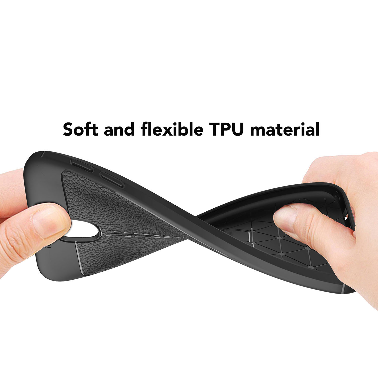 Eine schwarze Handyhülle wird gehalten. Der Text "Weiches und flexibles TPU-Material" steht auf dem Bild.