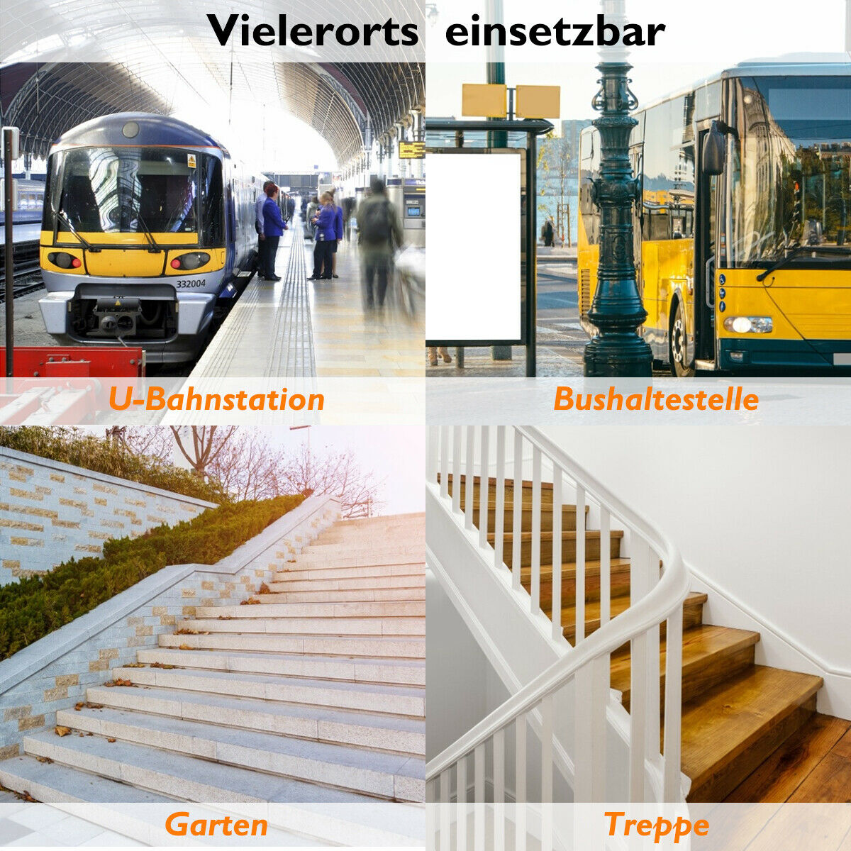 Verschiedene Transportmittel: Zug, Bus, U-Bahn und Treppe.