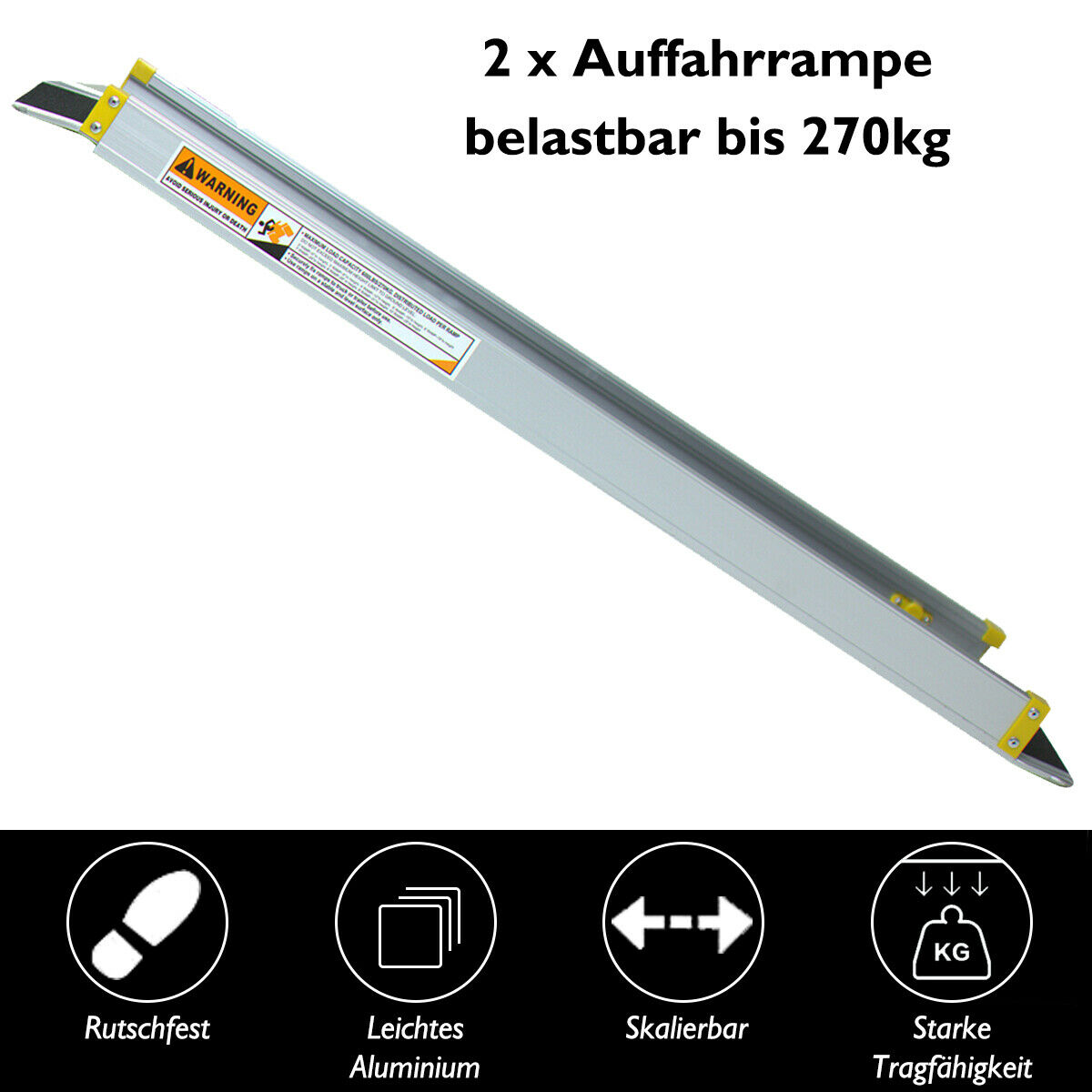 Silberne Rampe mit Text: 2 x Auffahrrampe belastbar bis 270kg. Weißer Hintergrund.