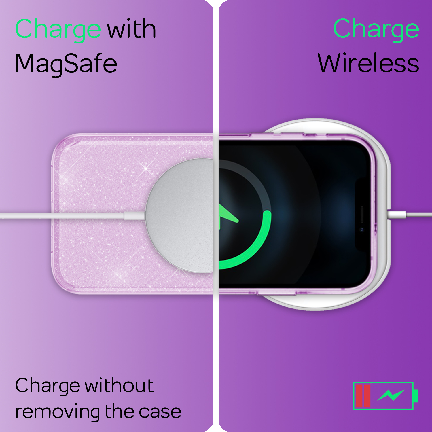 Zwei Handyhüllen. Eine mit MagSafe-Laden und eine mit kabellosem Laden. Beide zeigen das Laden.