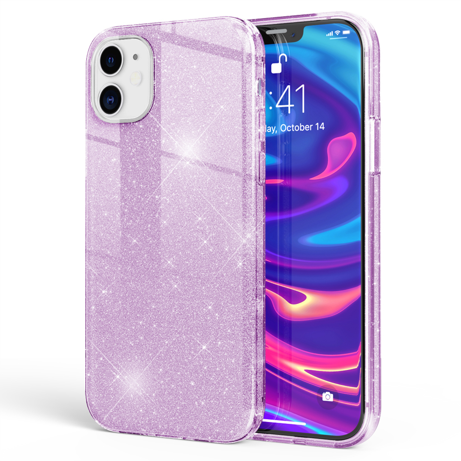 Funda de iPhone con purpurina. La funda es transparente y tiene purpurina en la parte trasera.