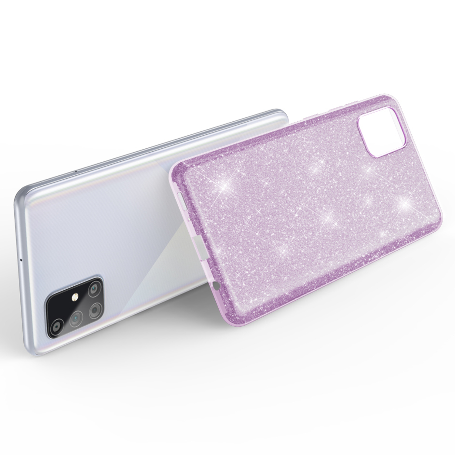 Silbernes Telefon mit lila Glitzerhülle. Die Handyhülle liegt auf der Rückseite des Telefons.
