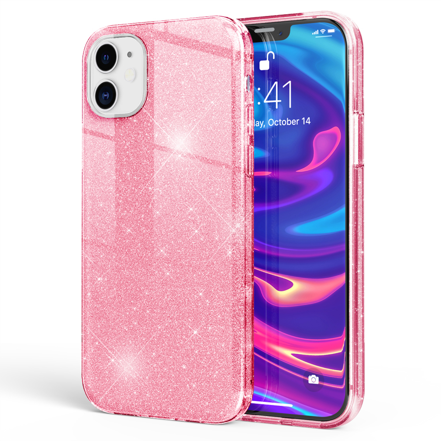 Funda rosa con purpurina junto a un teléfono. El teléfono muestra una pantalla de inicio. Fondo blanco.