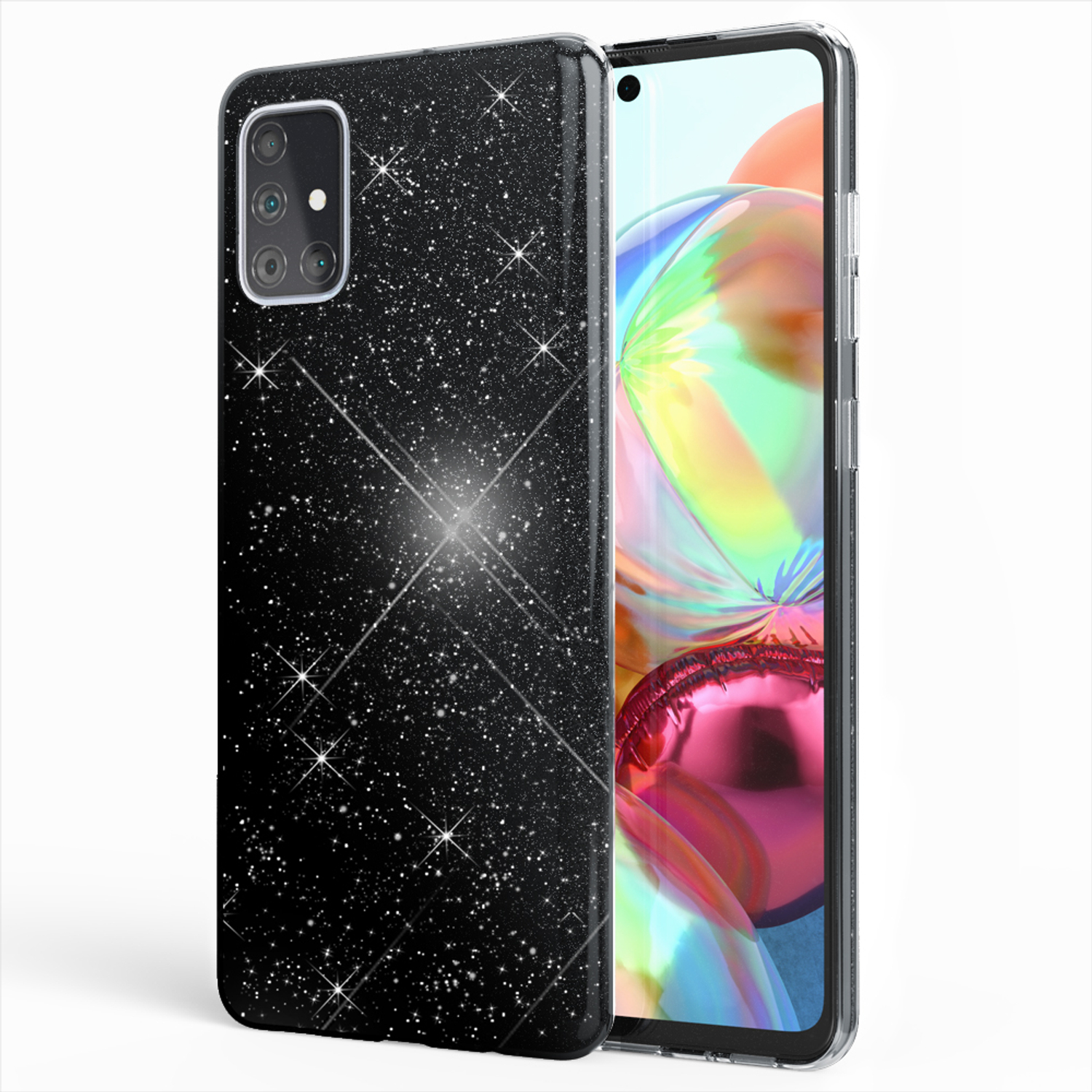 Eine schwarze Handyhülle mit Glitzer auf weißem Hintergrund.