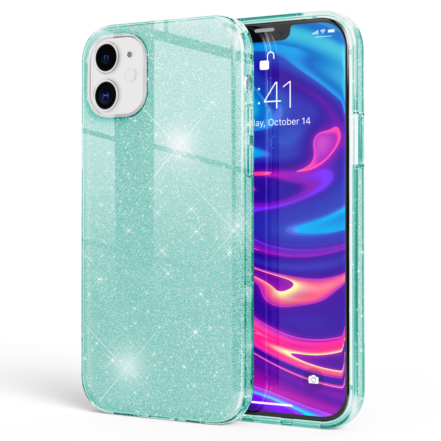 Funda de teléfono con purpurina verde menta. Un teléfono con pantalla azul, morada y verde está dentro. Fondo blanco.