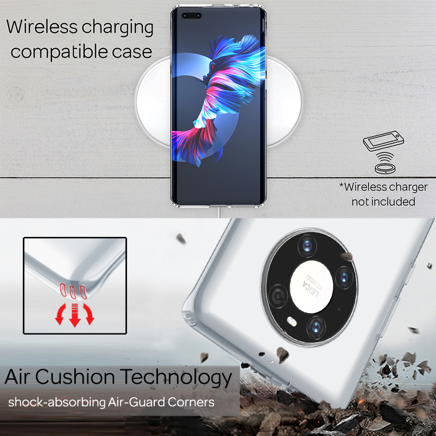 Téléphone sur un chargeur sans fil. L'étui est transparent. Le texte indique qu'il est compatible avec la charge sans fil. Air Cushion Tech.