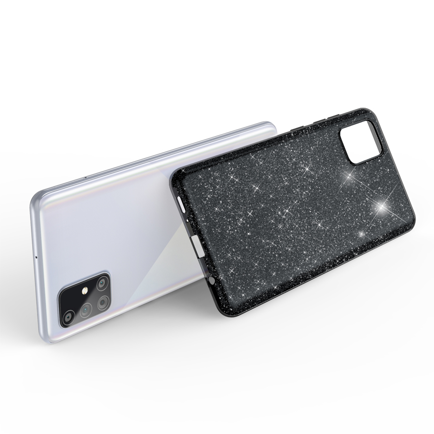 Ein silbernes Telefon und eine schwarze Handyhülle. Die Hülle ist glitzernd und hat ein Telefon darin.